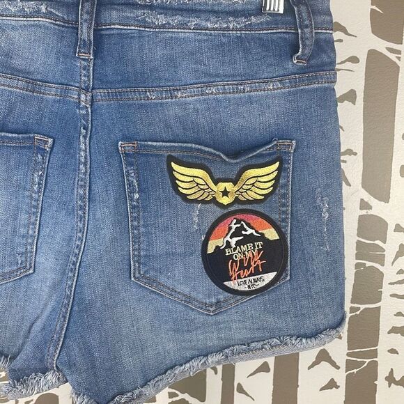 Express High Waist Cut Off Jean Shorts with Patches 6 - Picture 6 of 11